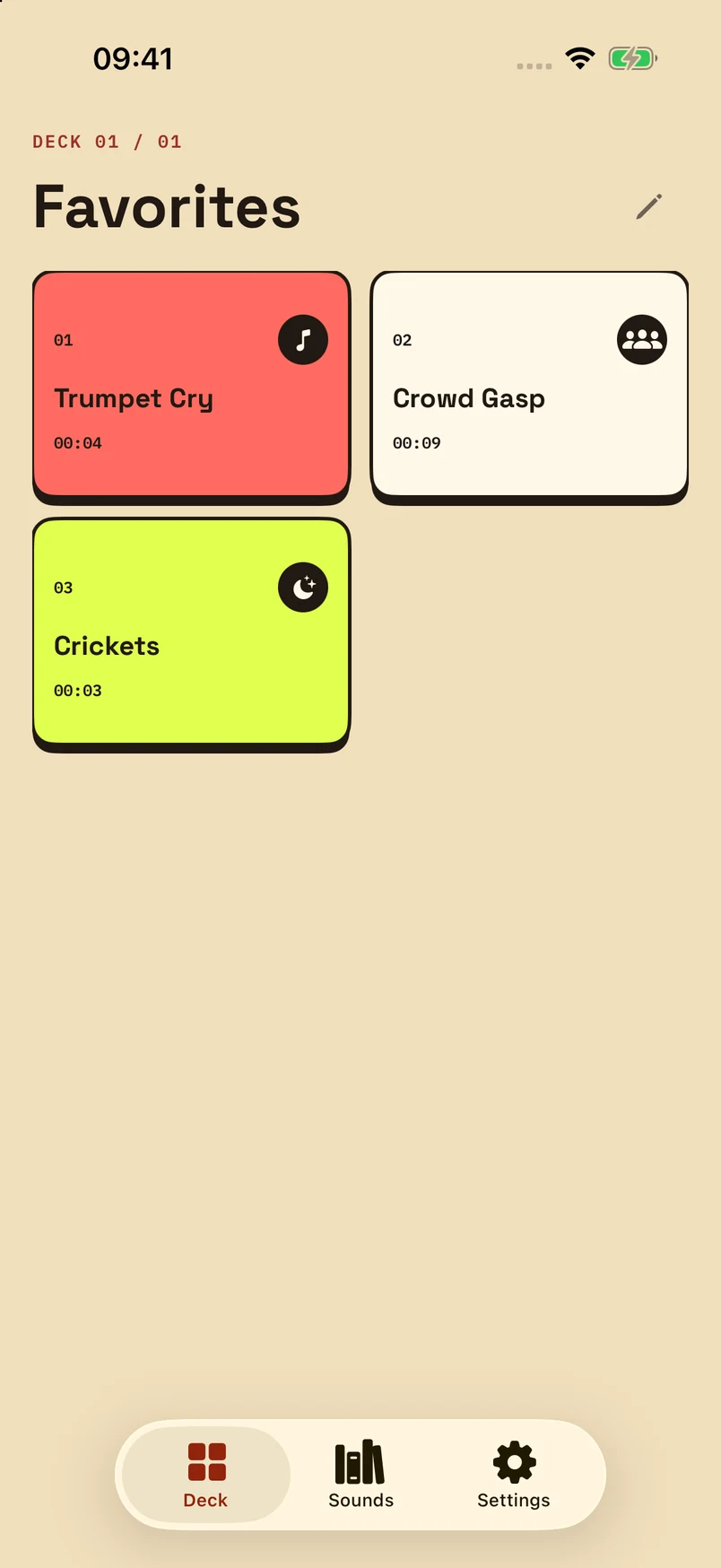 Noise Deck Favorites screen with coral Trumpet Cry, cream Crowd Gasp and citron Crickets sound keys