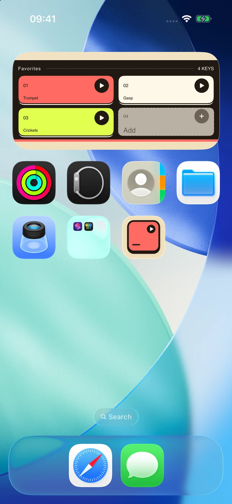 A real medium Noise Deck widget on the iPhone Home Screen, with three sounds and an empty fourth key