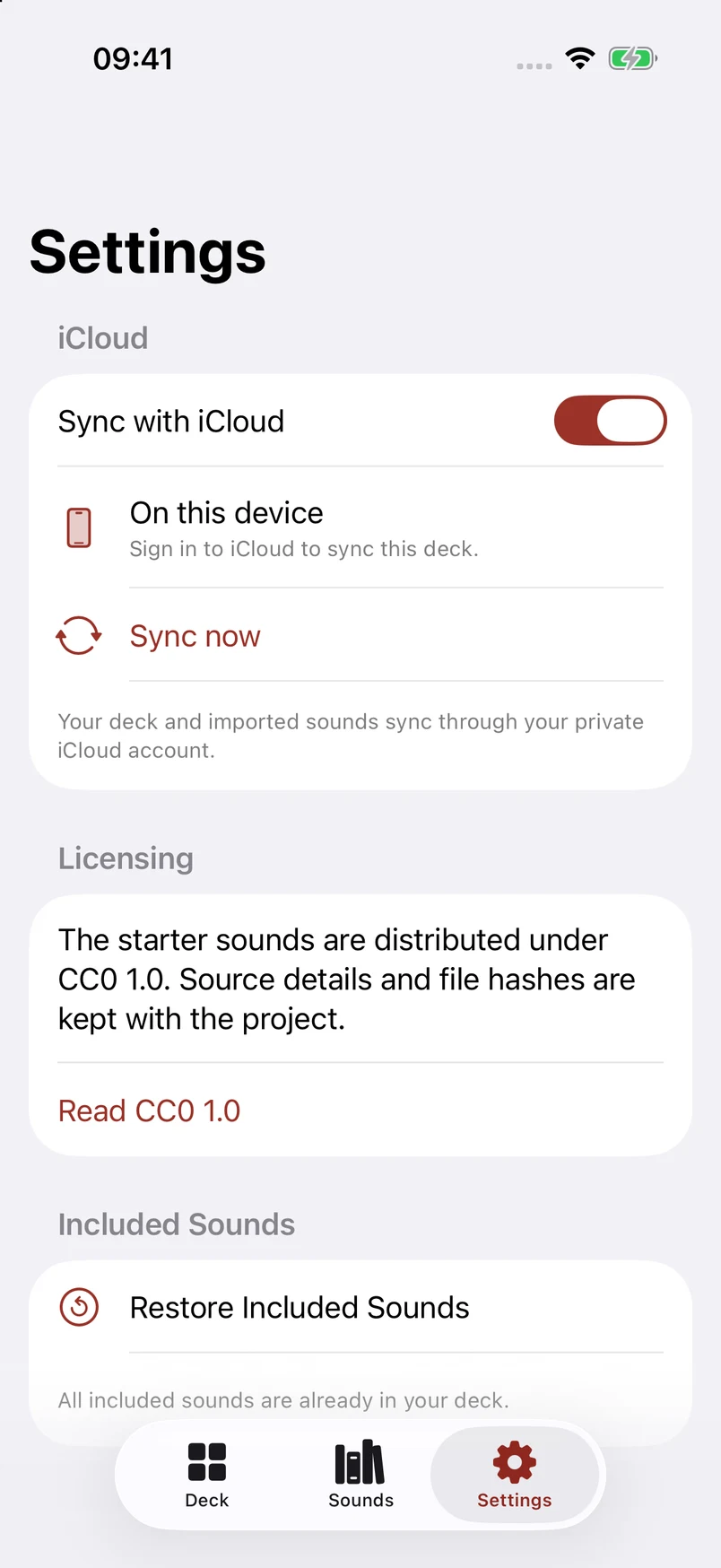 Noise Deck iCloud settings with sync enabled and a prompt to sign in to iCloud