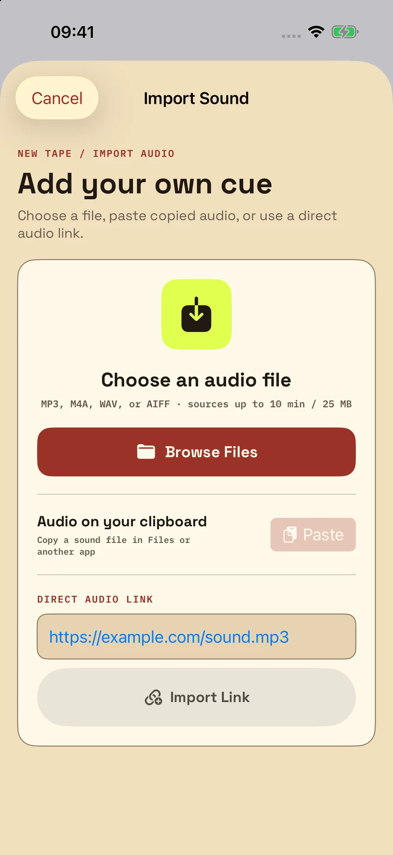 Noise Deck import sheet with Browse Files, clipboard audio and a direct audio link field