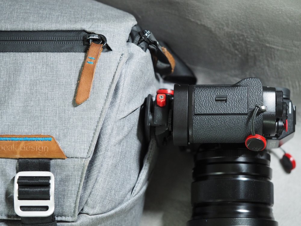 The X-T2 with L Bracket, secured on a a Capture plate mounted on an Everyday Sling, with the new anchors attached directly on the camera.