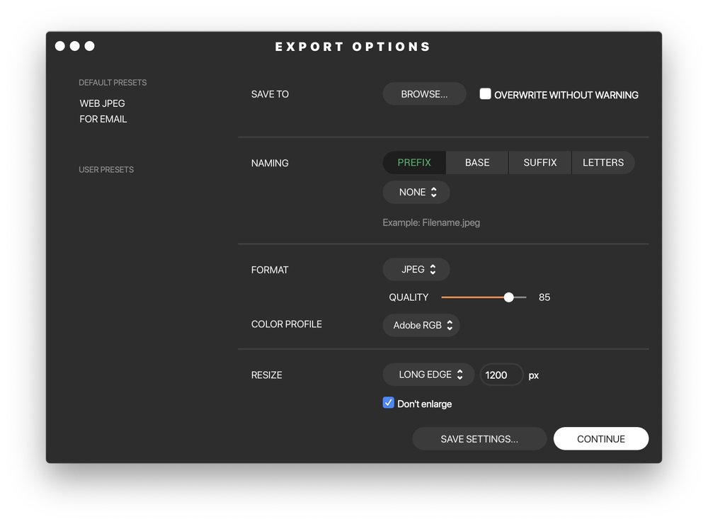 Options when exporting, useful for bulk operations